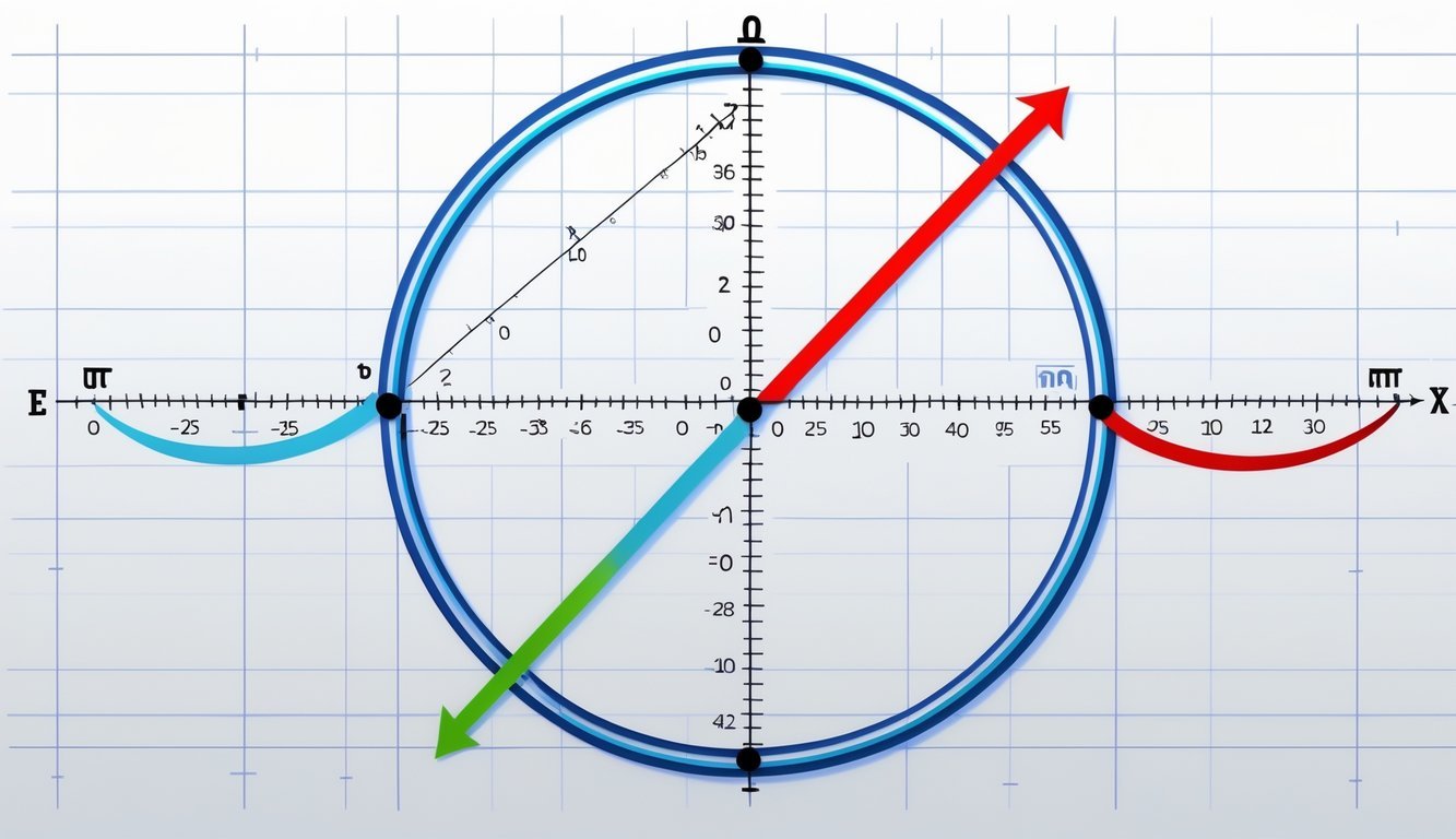 Ilustracija trigonometrijskih funkcija prikazana na koordinatnom sustavu s jediničnim krugom i linijama koje predstavljaju sinus, kosinus i tangens.