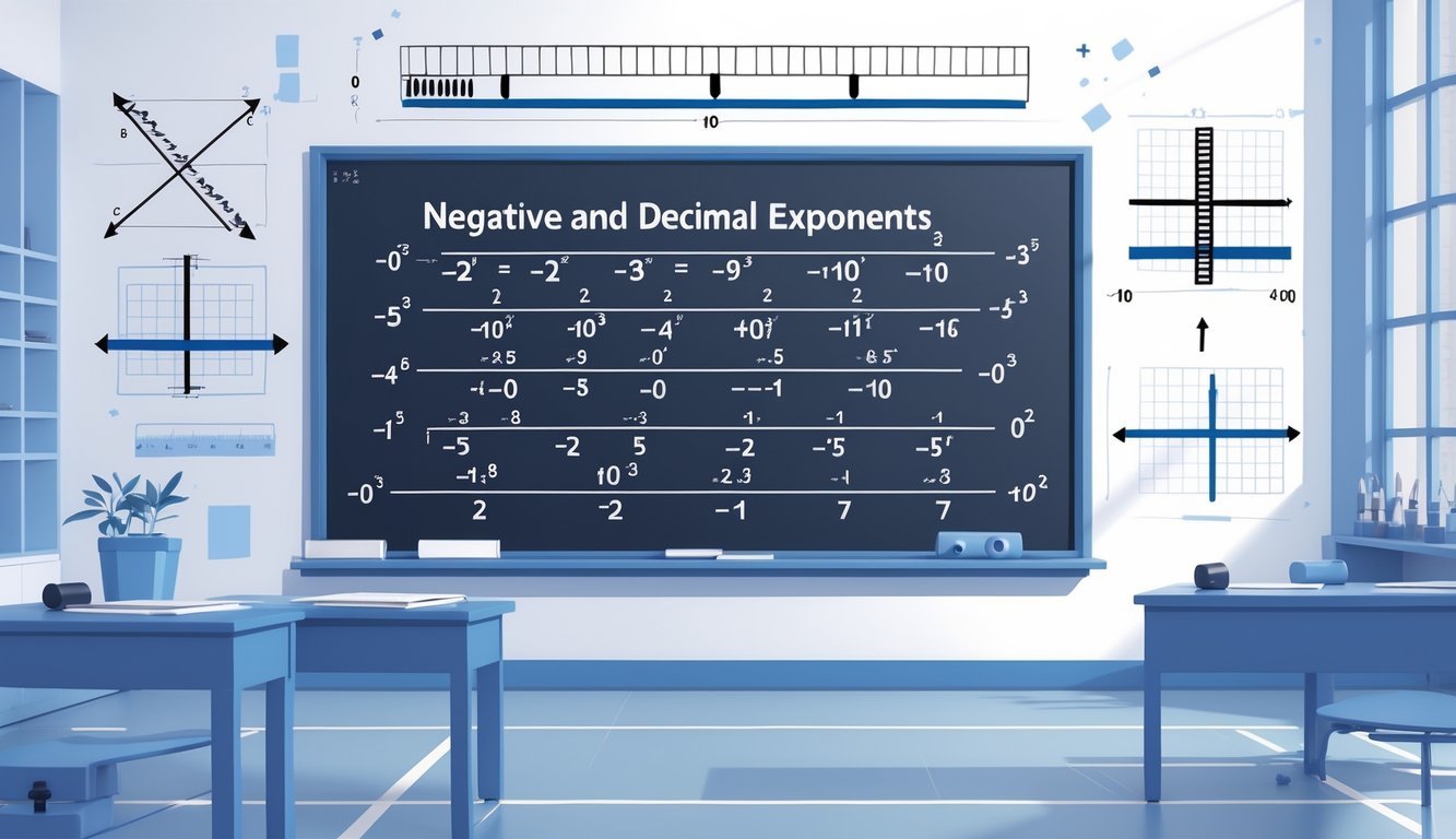 Ilustracija koja prikazuje matematičke izraze s negativnim i decimalnim eksponentima na ploči u učionici.