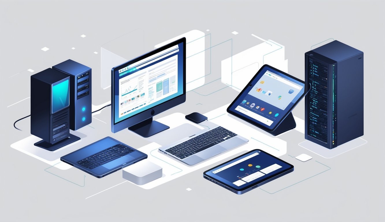 Ilustracija koja prikazuje različite vrste računala: stolno računalo, prijenosno računalo, tablet, pametni telefon i serverski stalak.