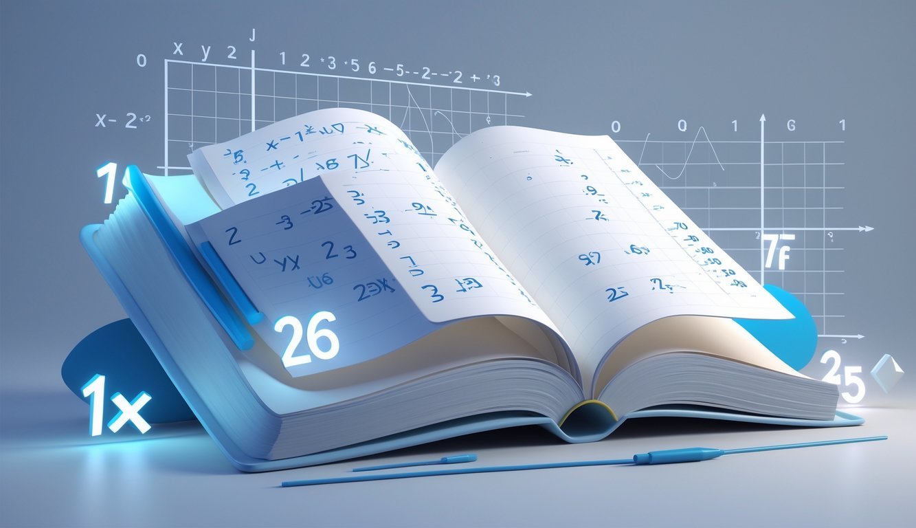 Ilustracija otvorene knjige s algebarskim izrazima koji prikazuju potencije, okružena matematičkim simbolima i grafovima.