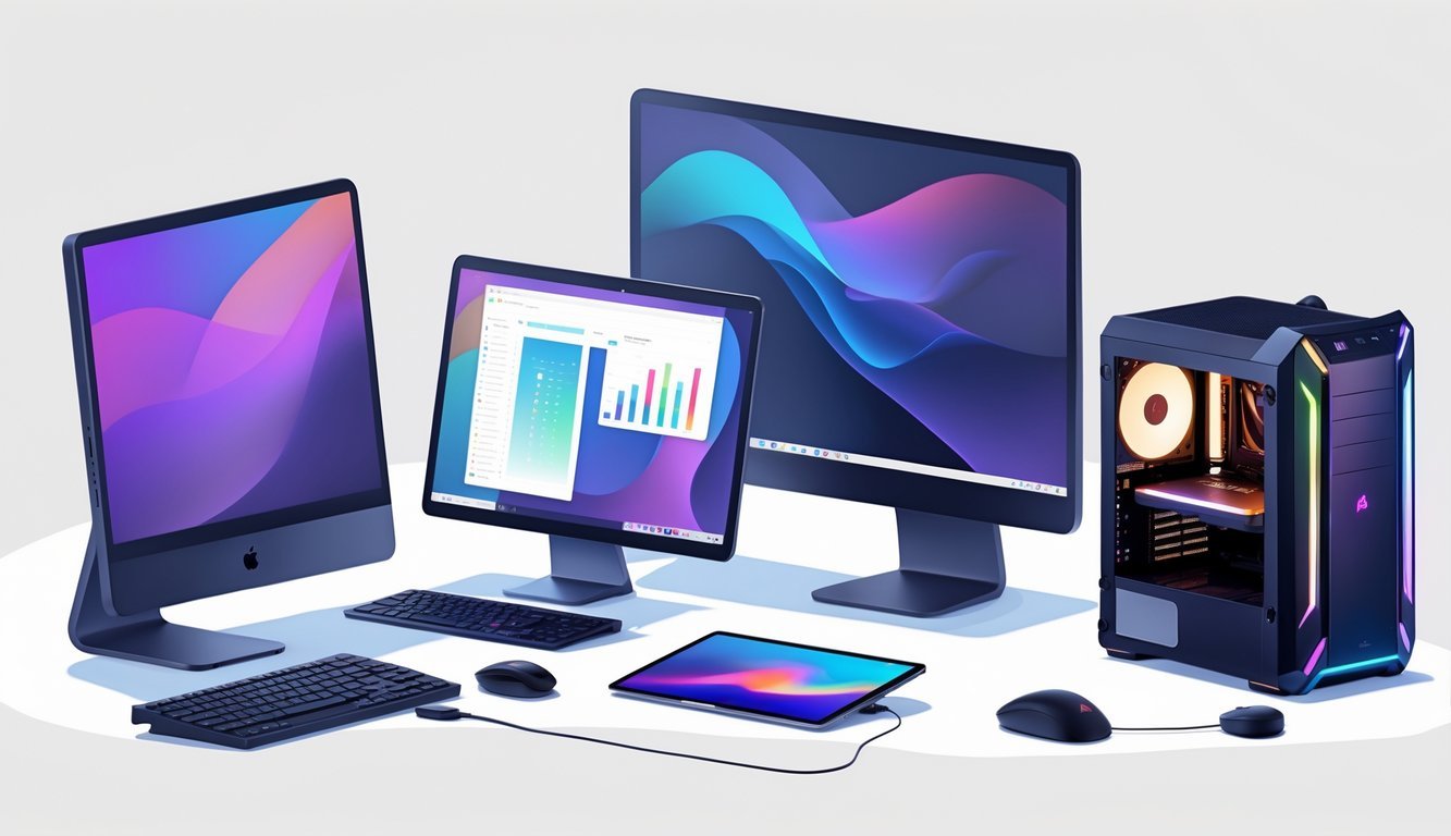 Prikaz različitih vrsta osobnih računala uključujući stolno računalo, prijenosno računalo, tablet i gaming PC na uredskom stolu.