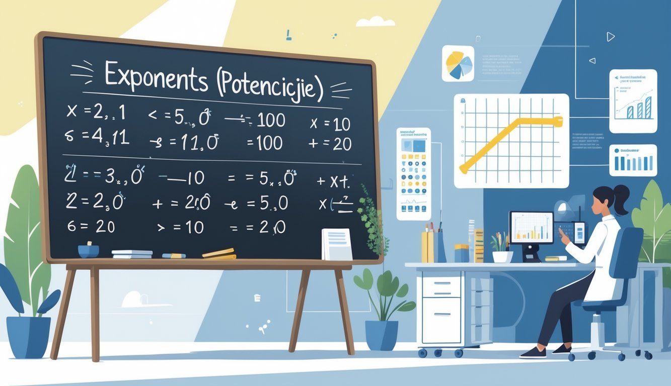 Ilustracija koja prikazuje matematičke potencije na ploči i njihove primjene u svakodnevnom životu, uključujući grad, znanstvenika i tehnologiju.