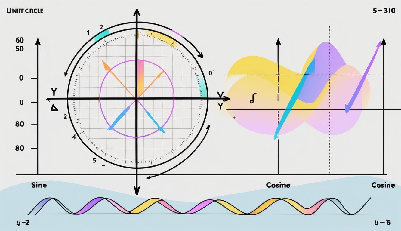 Dijagram jedinicnog kruga i grafovi sinusne i kosinusne funkcije koji prikazuju njihovu parnost i neparnost.