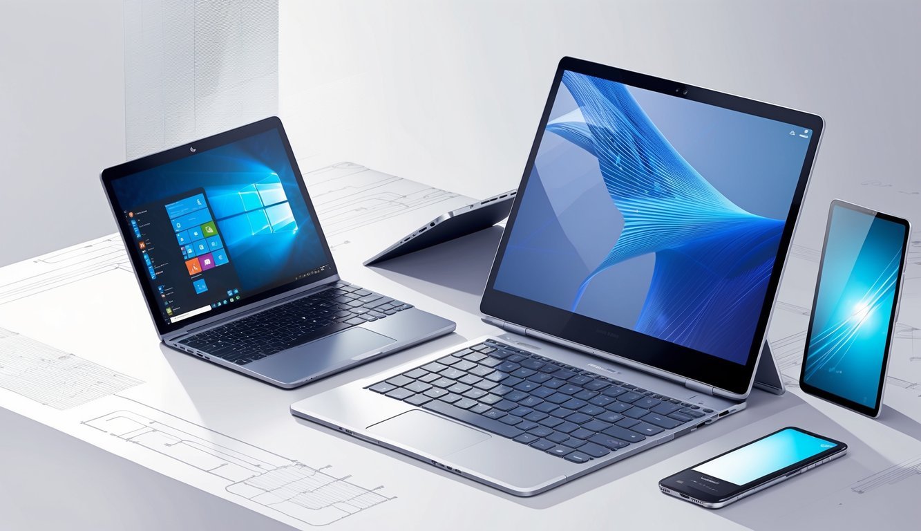 Prikaz različitih mobilnih i prijenosnih računala na stolu, uključujući laptop, tablet s tipkovnicom, ultrabook i konvertibilni laptop.