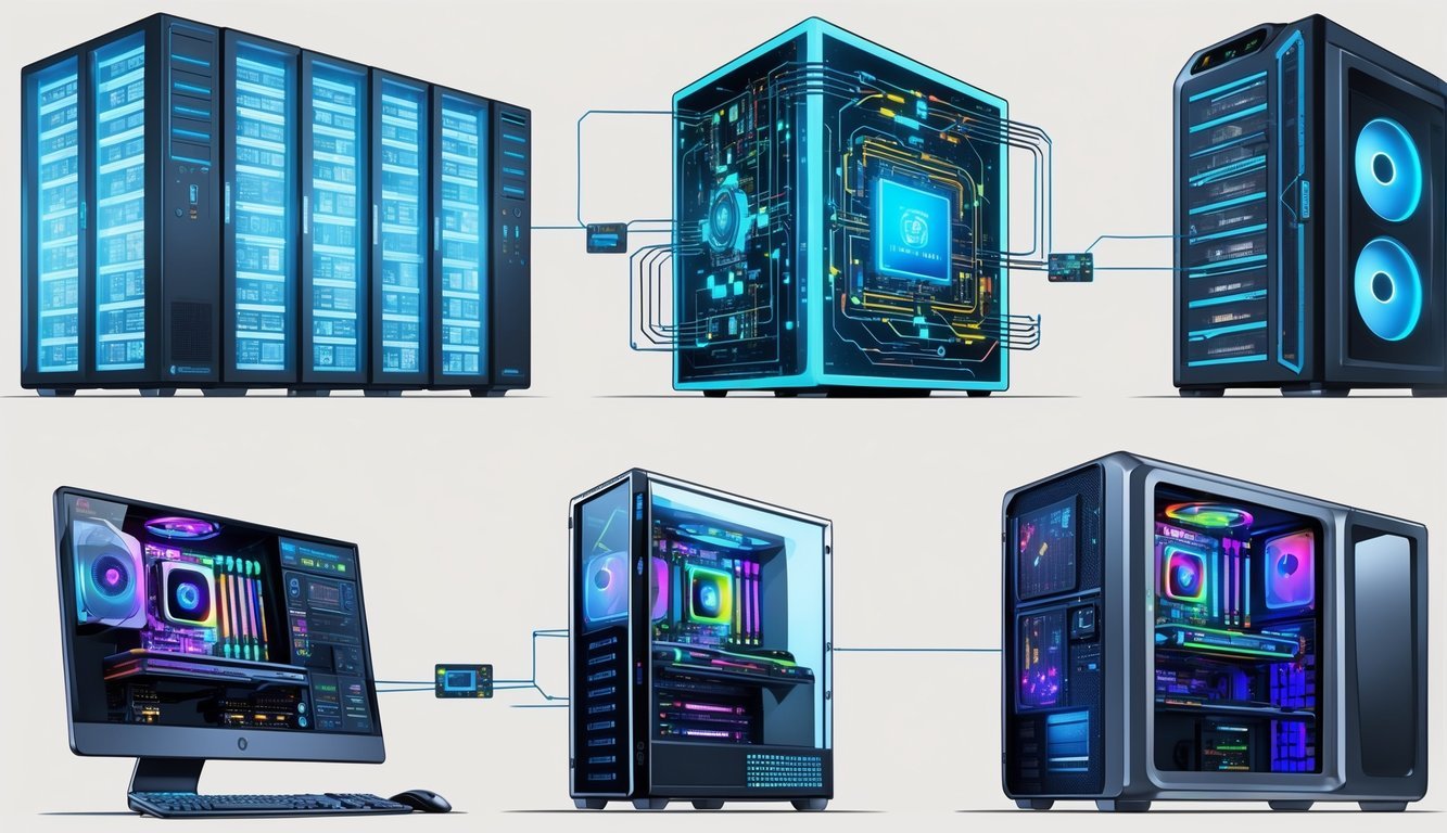 Prikaz različitih specijaliziranih vrsta računala, uključujući superračunalo, kvantno računalo, ugrađeni sustav, gaming računalo i mainframe, složenih u uredan i pregledan prikaz.
