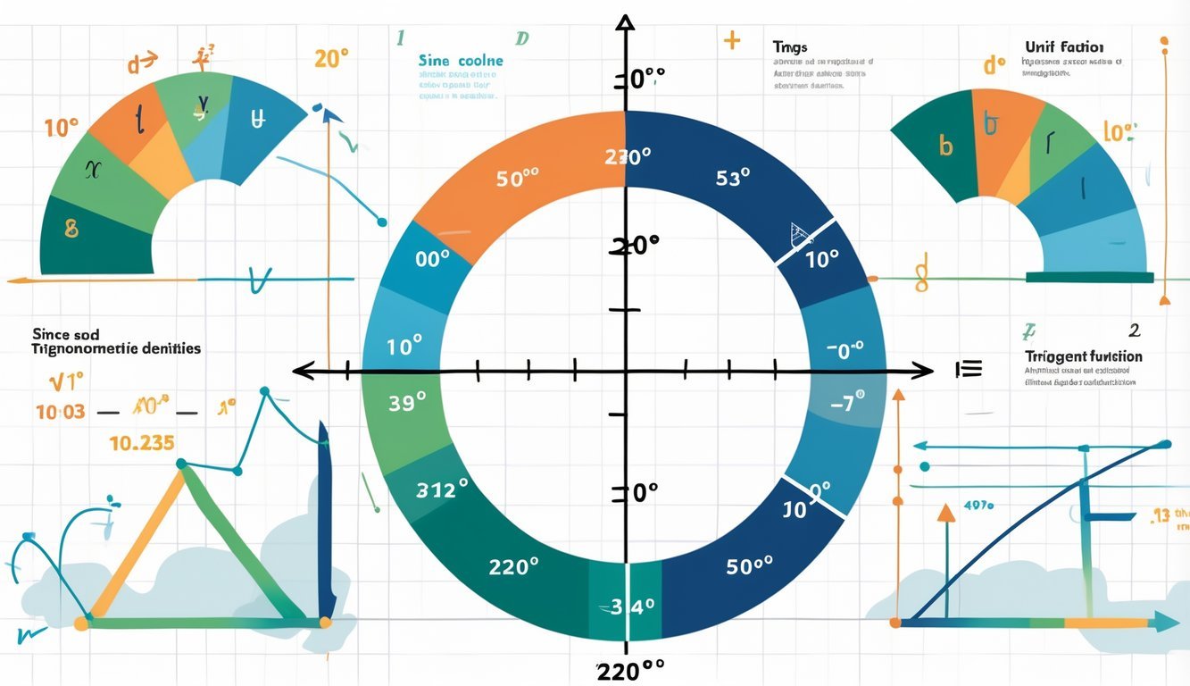 Ilustracija jedinicnog kruga sa oznacenim uglovima i prikazima sinusa, kosinusa i tangensa, zajedno sa grafikonima trigonometrijskih funkcija i simbolima njihovih identiteta.