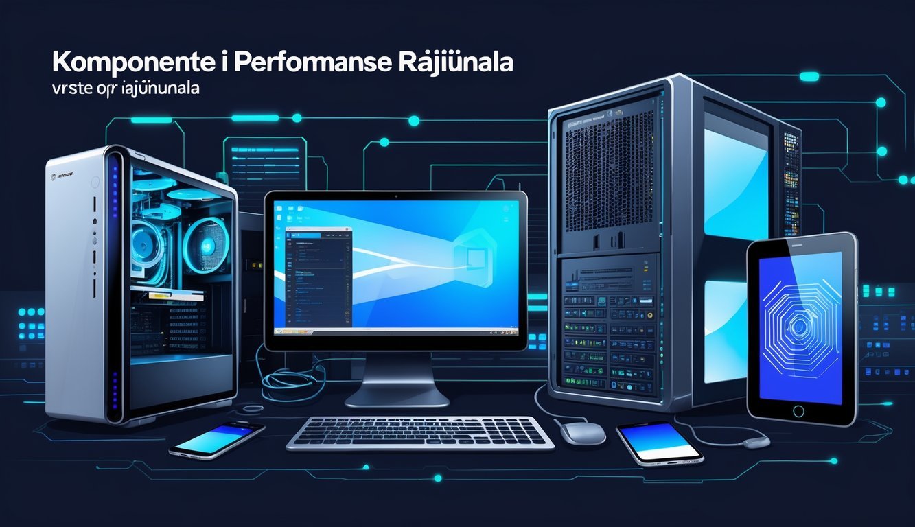 Različite vrste računala uključuju stolno računalo, prijenosno računalo, tablet, poslužitelj i pametni telefon prikazane zajedno na tehnološkoj pozadini.