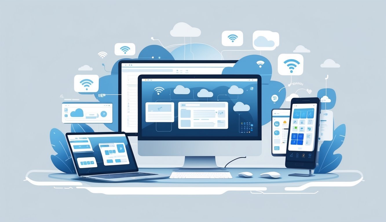 Prikaz različitih vrsta računala u svakodnevnom životu, uključujući stolno računalo, prijenosno računalo, tablet i pametni telefon.