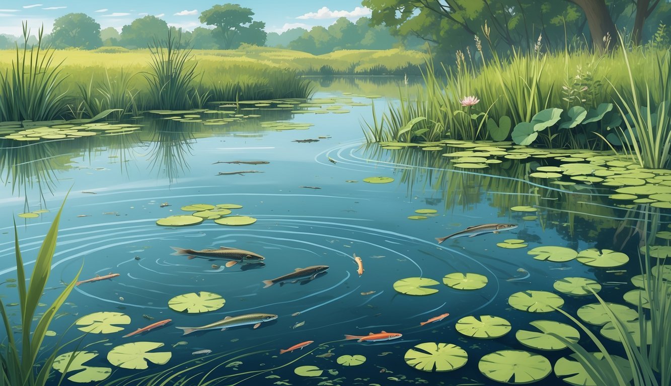 Prikaz mirnog jezera s vodenim biljem, ribama i insektima, okružen prirodom.