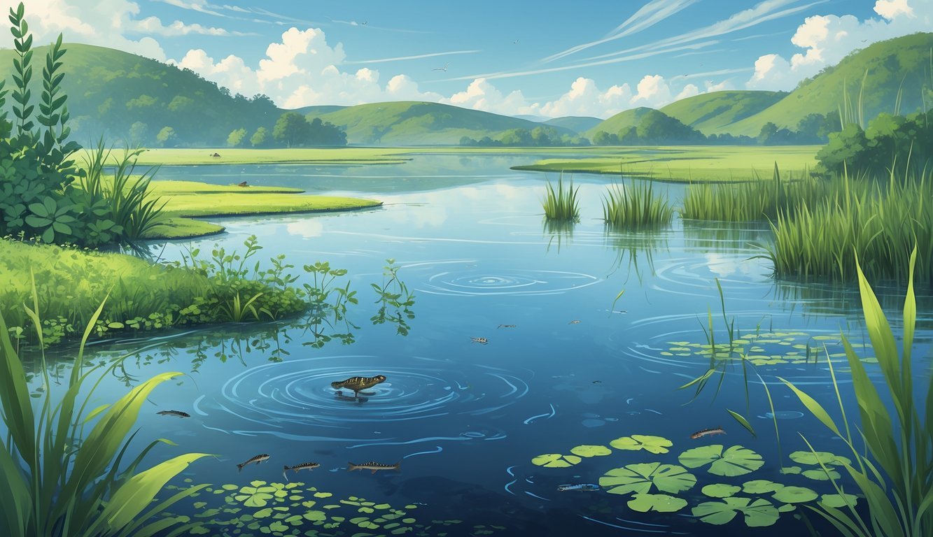 Prikaz različitih vrsta stajaćih voda uključujući ribnjak, jezero, močvaru i stajaću vodu s biljkama i životinjama.