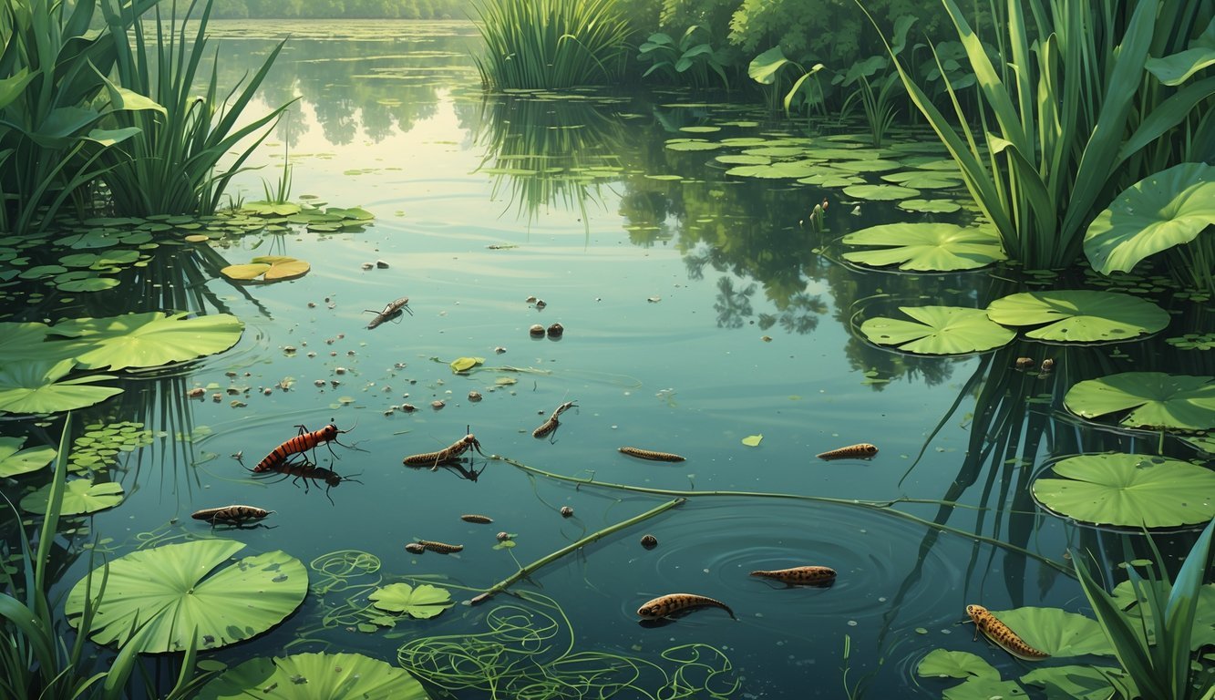 Prikaz ekosustava i živog svijeta u stajaćoj vodi s biljkama i životinjama poput vodenih kukaca, punoglavaca i riba.