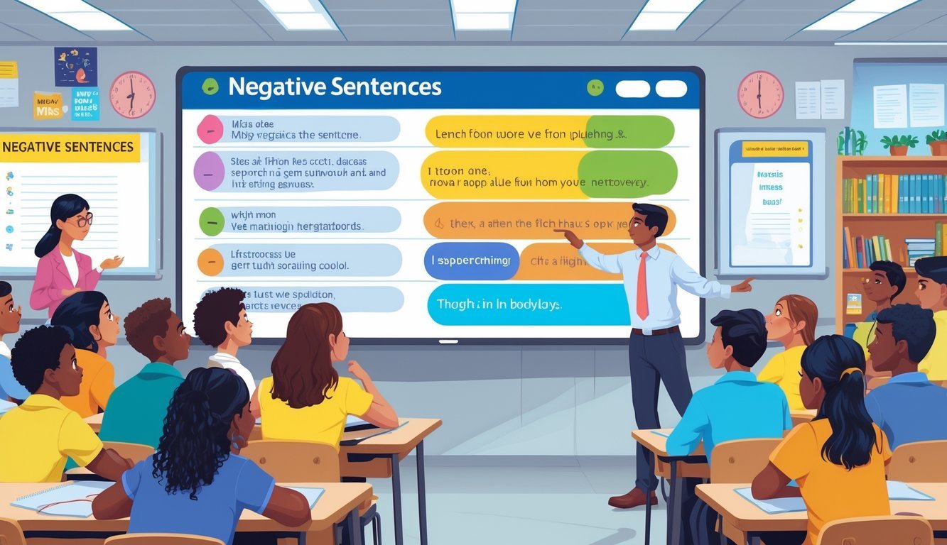 Učionica s nastavnikom i učenicima koji uče o negativnim rečenicama prikazanima na digitalnom zaslonu.