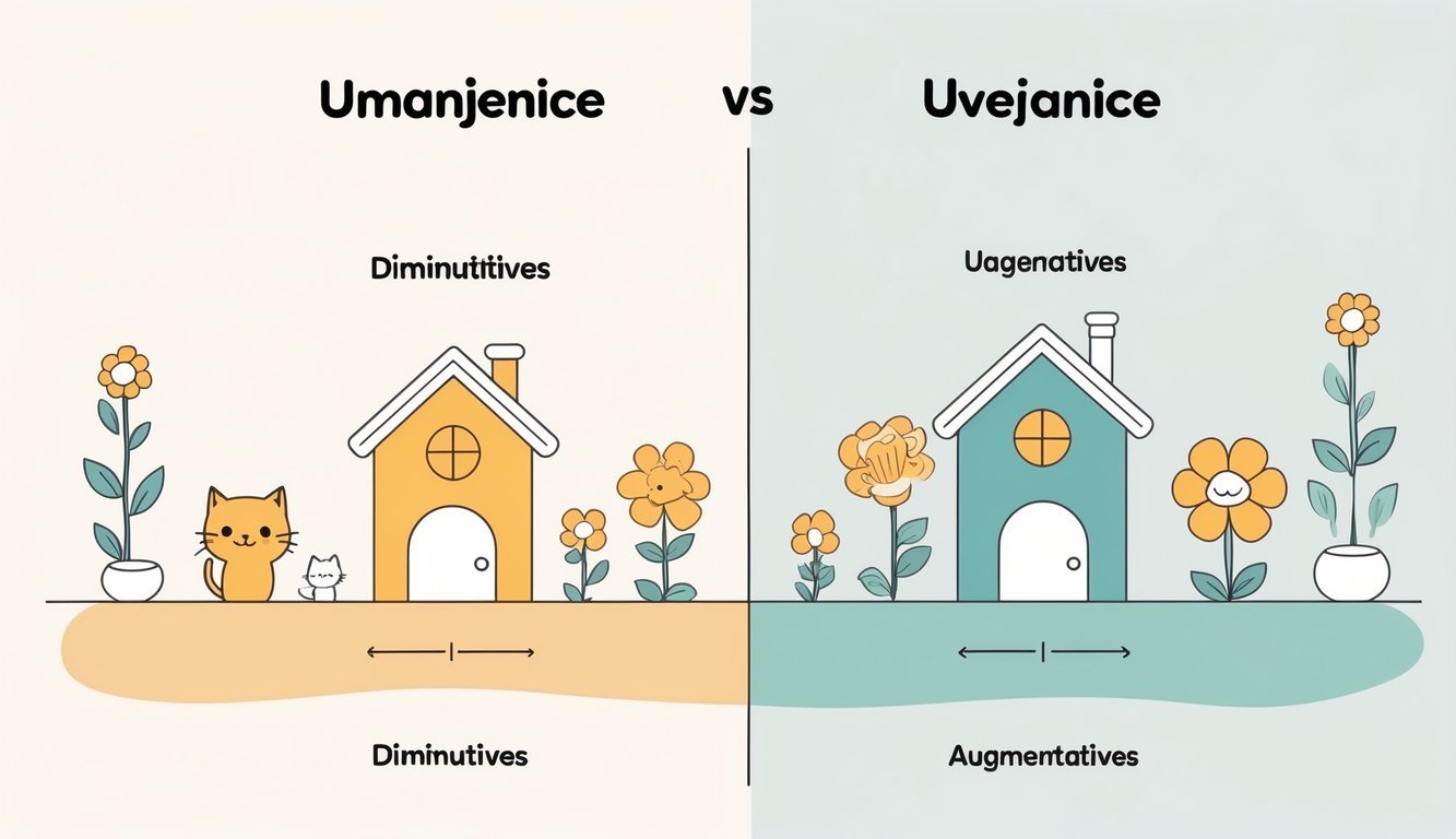 Ilustracija koja prikazuje male i velike verzije predmeta poput mačke, kuće i cvijeta, predstavljajući umanjenice i uvećanice.