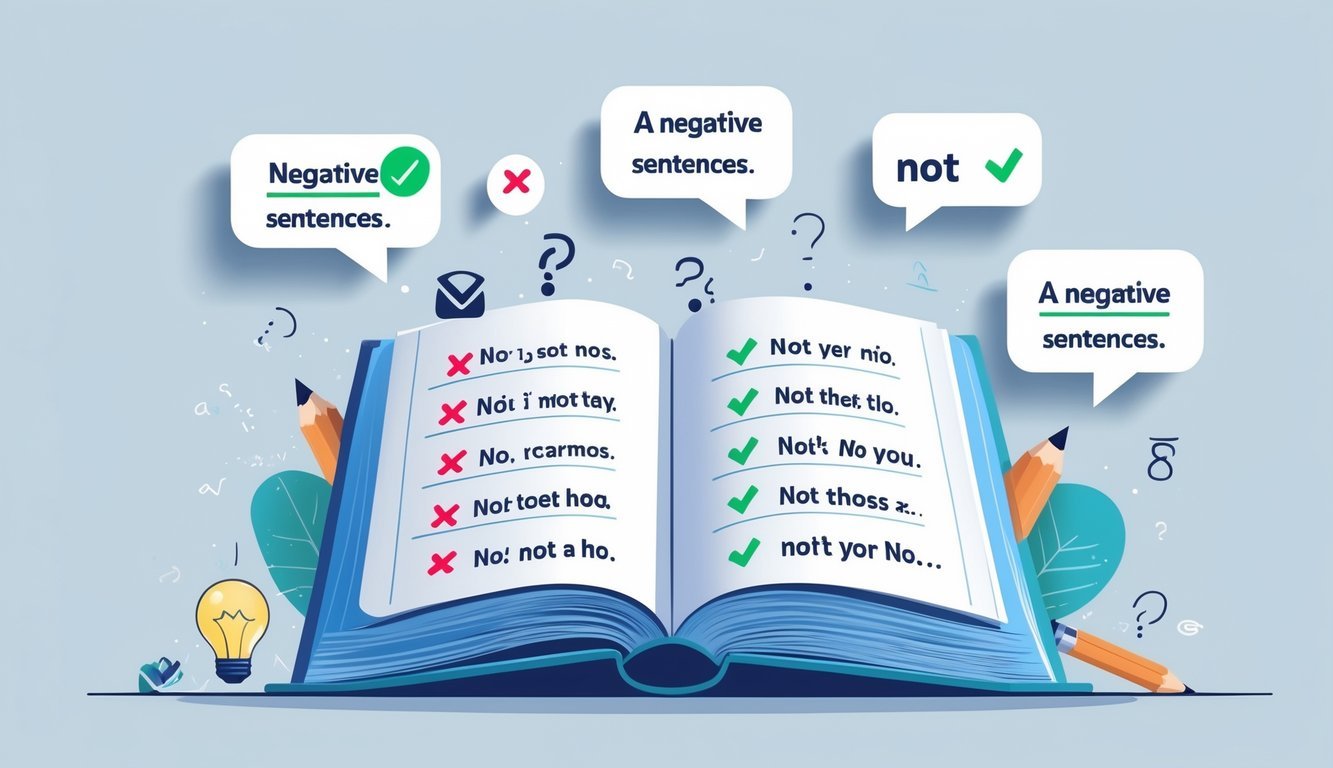 Ilustracija otvorene knjige s označenim rečenicama i oblačićima govora koji prikazuju primjere negativnih rečenica.