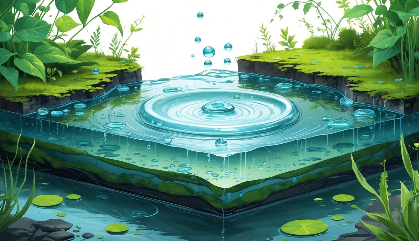 Prikaz presjeka stajaćice s vodom, biljkama i sedimentom, koji ilustrira njene fizičke i kemijske osobine.