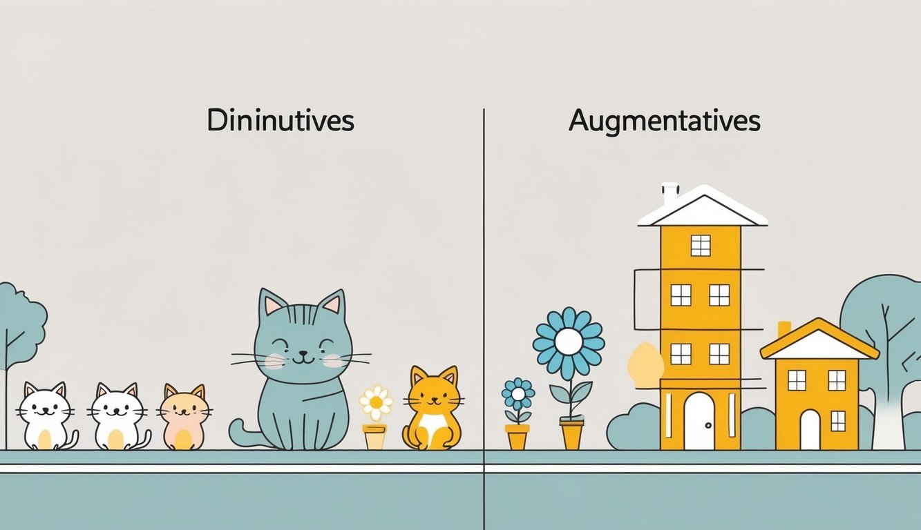 Prikaz malih i velikih verzija predmeta poput mačke, cvijeta i kuće, koji ilustriraju umanjenice i uvećanice.
