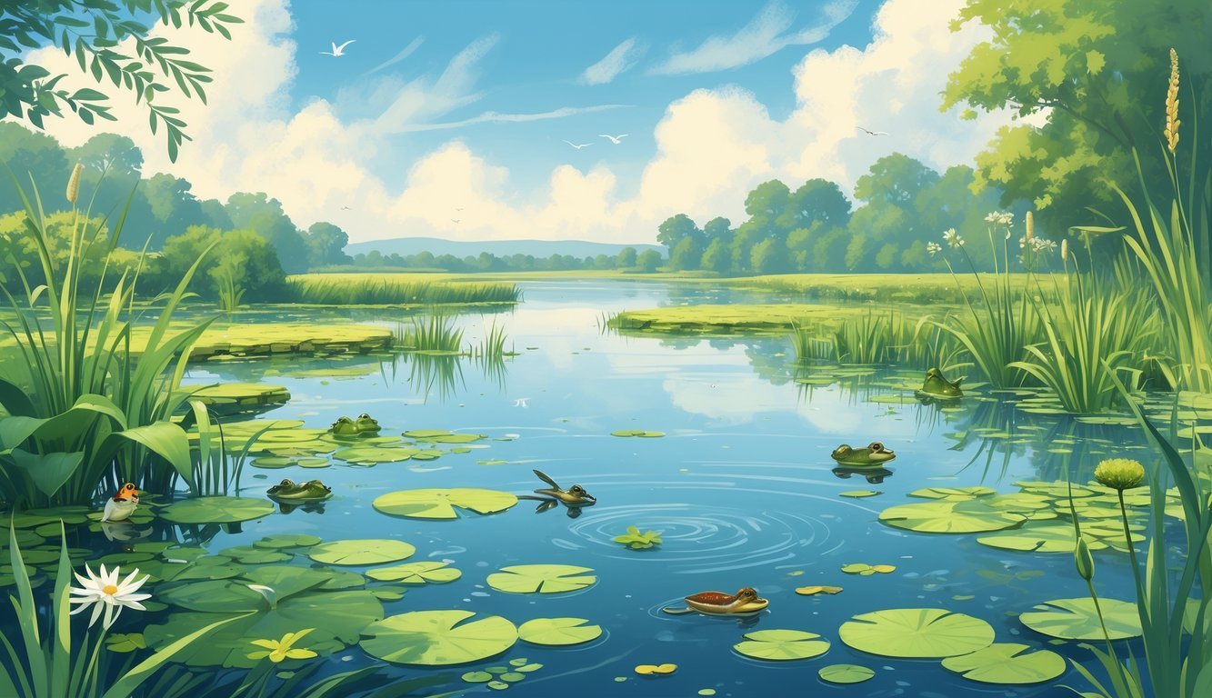 Mirno stajaće vodeno tijelo okruženo zelenilom, biljkama i životinjama poput žaba i pataka.