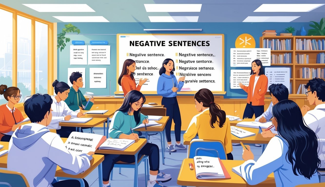 Učionica s učenicima koji rade praktične jezične vježbe o negativnim rečenicama pod vodstvom učitelja.