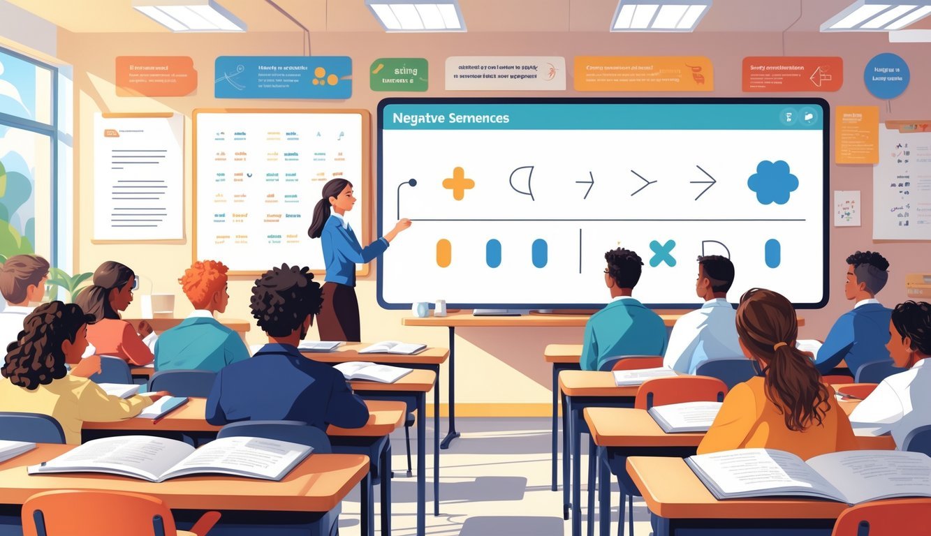 Učionica s učenicima i učiteljem koji pokazuju na ploču, svi su usredotočeni na učenje i provjeru znanja.
