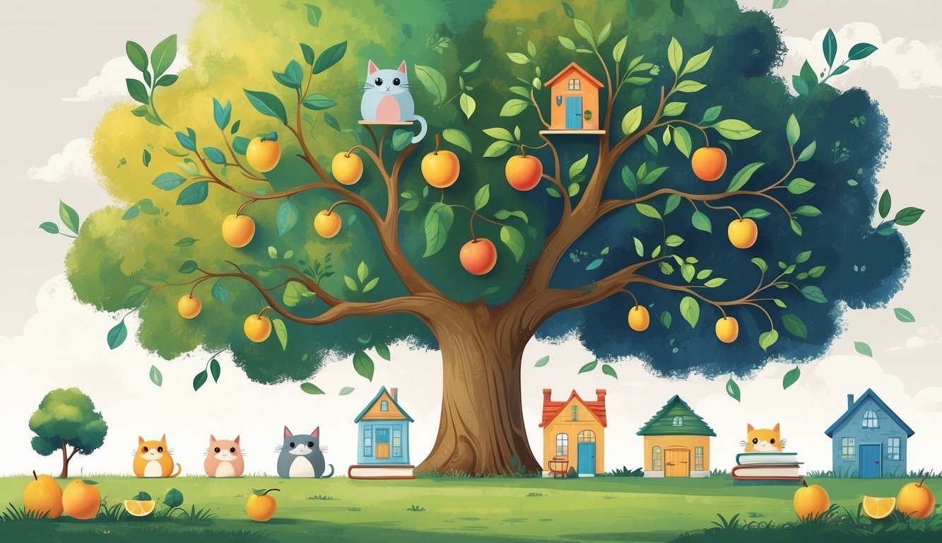 Prikaz stabla s manjim i većim predmetima koji ilustriraju umanjenice i uvećanice.