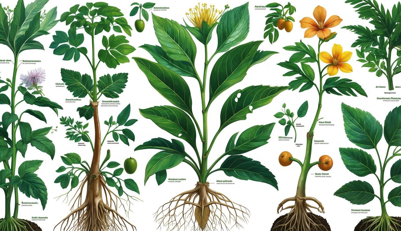 Ilustracija različitih biljaka koje prikazuju njihove dijelove poput korijena, stabljike, listova i cvjetova.