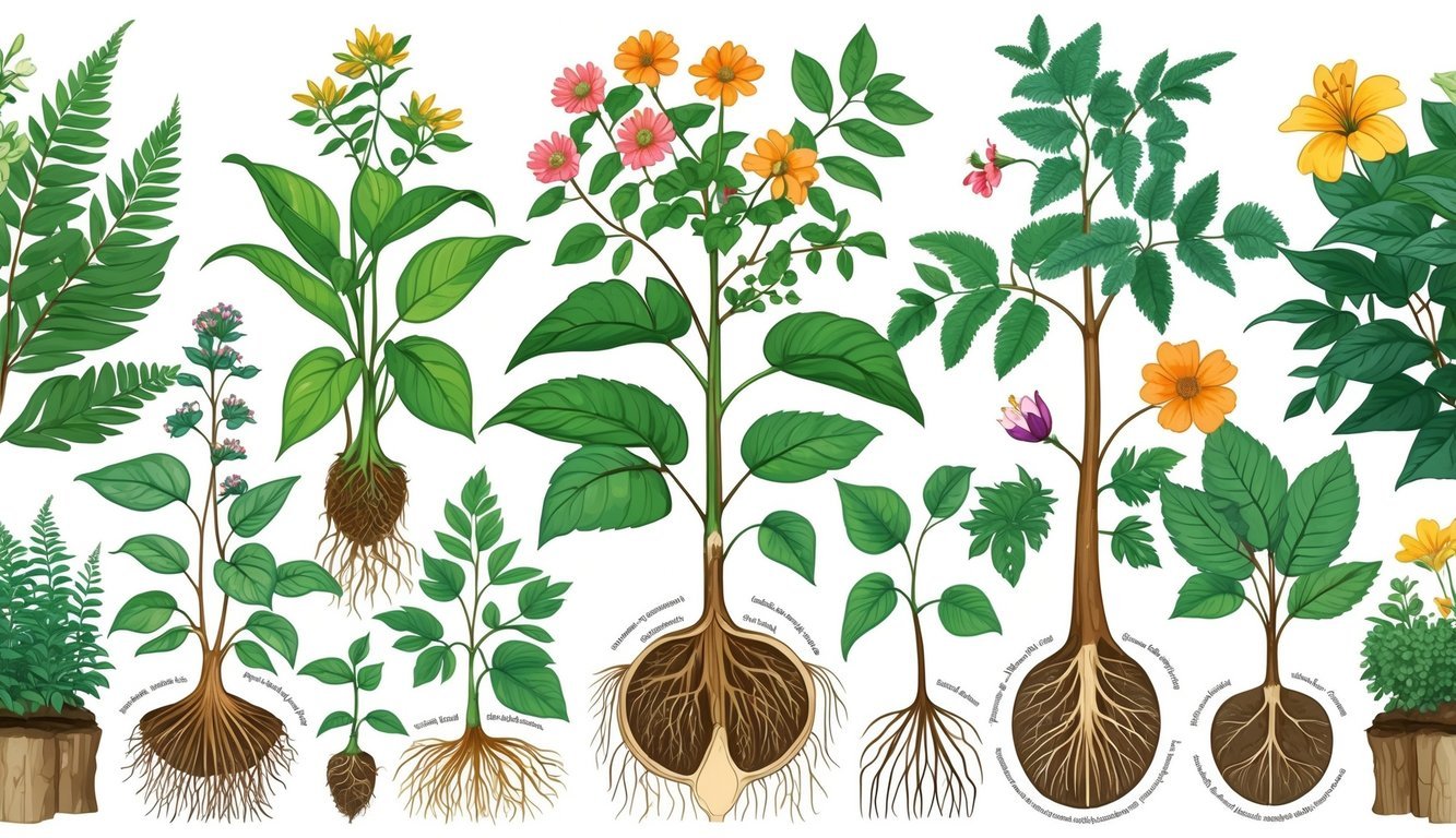 Različite vrste biljaka s vidljivim korijenjem, stabljikama, listovima i cvjetovima, prikazane u edukativnom prikazu koji ističe osnovne karakteristike biljaka.