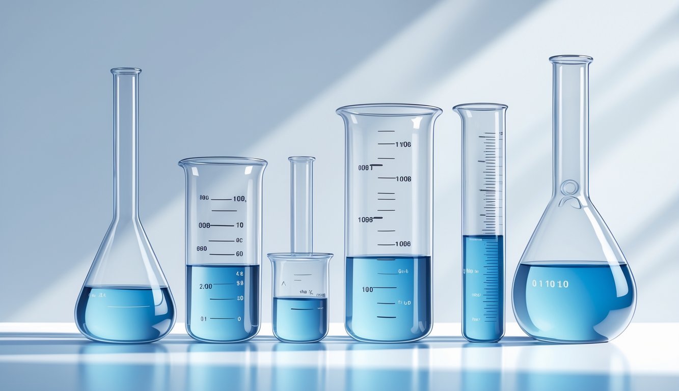 Ilustracija različitih staklenih posuda s tekućinom koje prikazuju mjerenje volumena u različitim jedinicama.