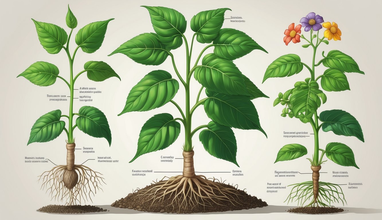 Ilustracija biljke koja prikazuje korijen, stabljiku, listove i cvijet, s naglaskom na njihove funkcije.