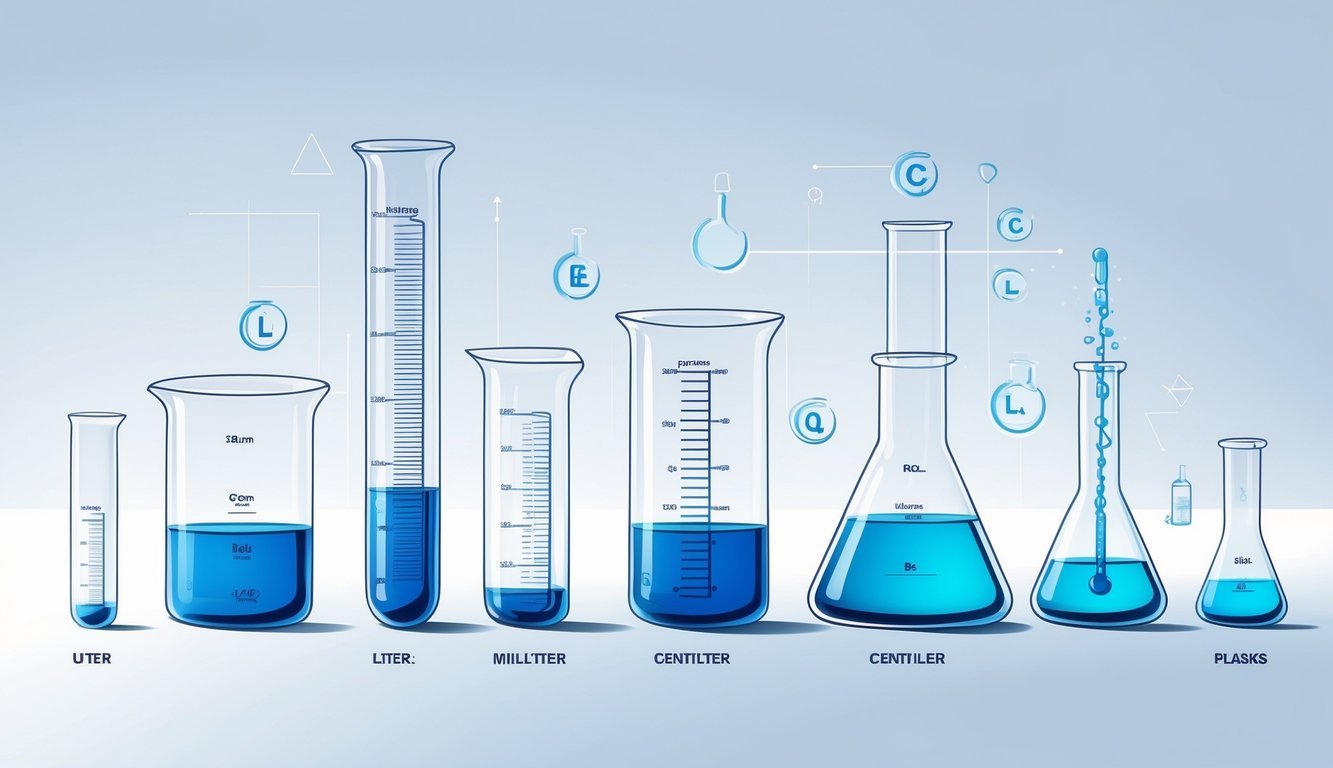 Prikaz različitih mjernih posuda s tekućinom u različitim razinama za osnovne mjere tekućine.