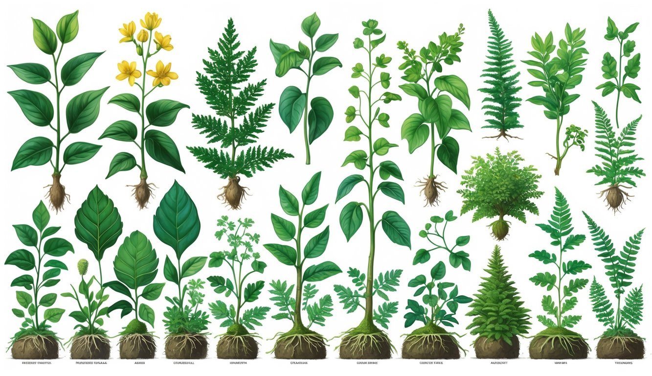 Ilustracija različitih biljaka koje prikazuju njihove osobine i klasifikaciju, uključujući cvjetnice, igličaste biljke, paprati i mahovine.