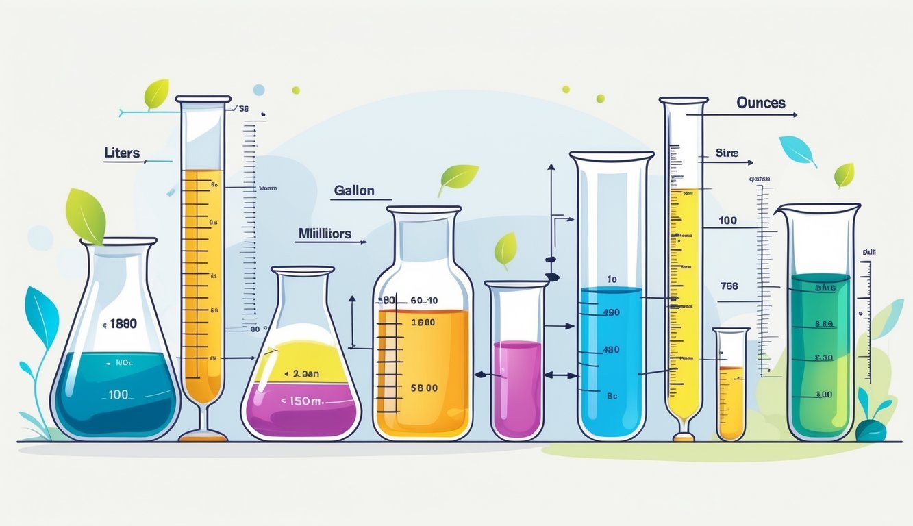 Ilustracija različitih mjernih posuda s tekućinama i pokazateljima pretvorbe mjernih jedinica za tekućinu.