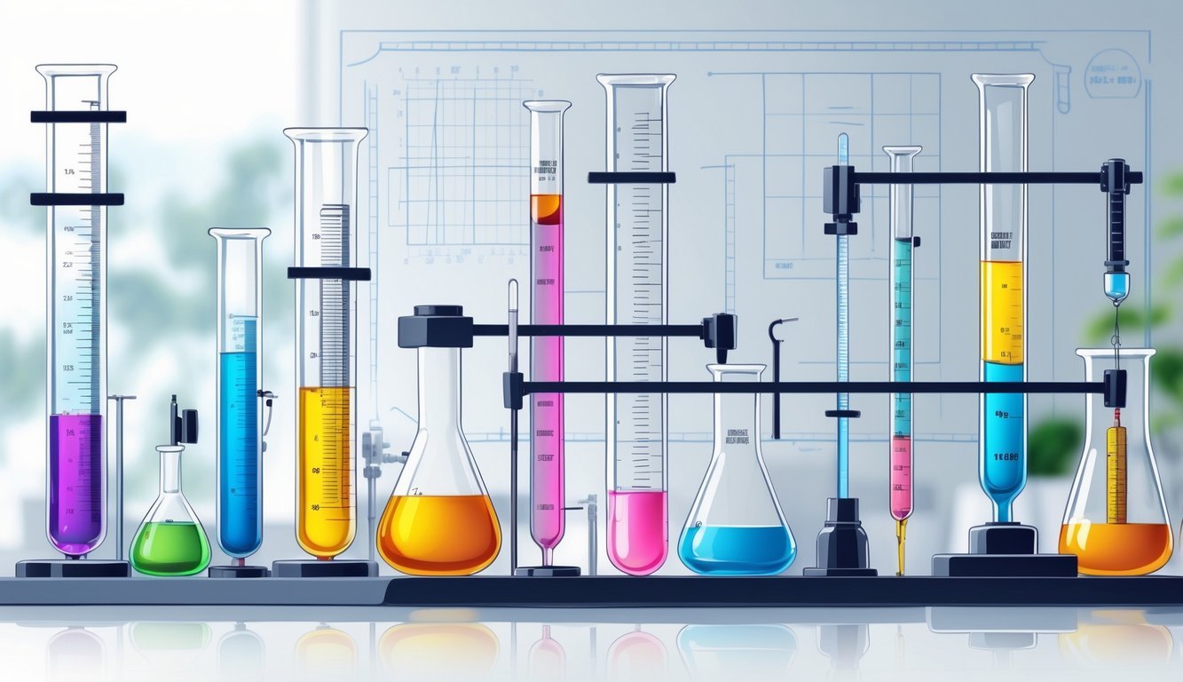 Prikaz različitih instrumenata za mjerenje tekućina na laboratorijskom stolu s raznobojnim tekućinama.