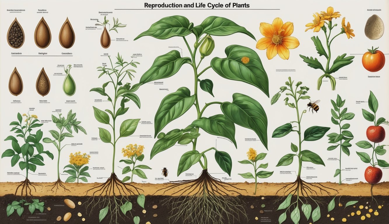 Ilustracija koja prikazuje različite faze razmnožavanja i životnog ciklusa biljaka, uključujući sjeme, mladu biljku, cvijet, oprašivanje i razvoj ploda.