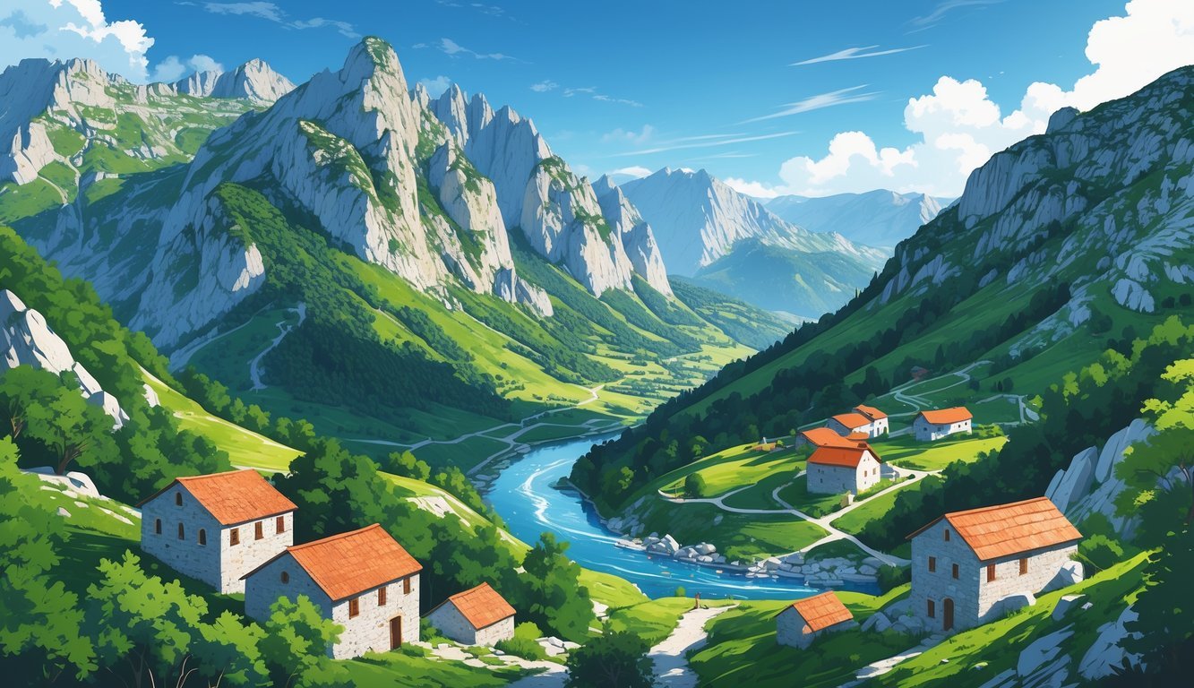 Planinski krajolik Hrvatske s kamenim kućama, zelenim šumama i rijekom koja teče kroz dolinu.