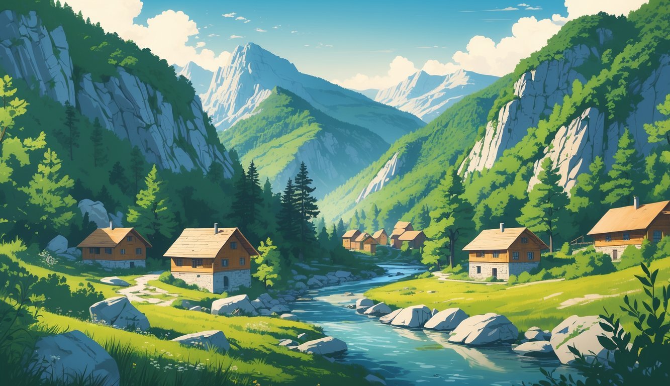 Planinski krajolik s gustom šumom, rijekom i tradicionalnim drvenim kućama u dolini.
