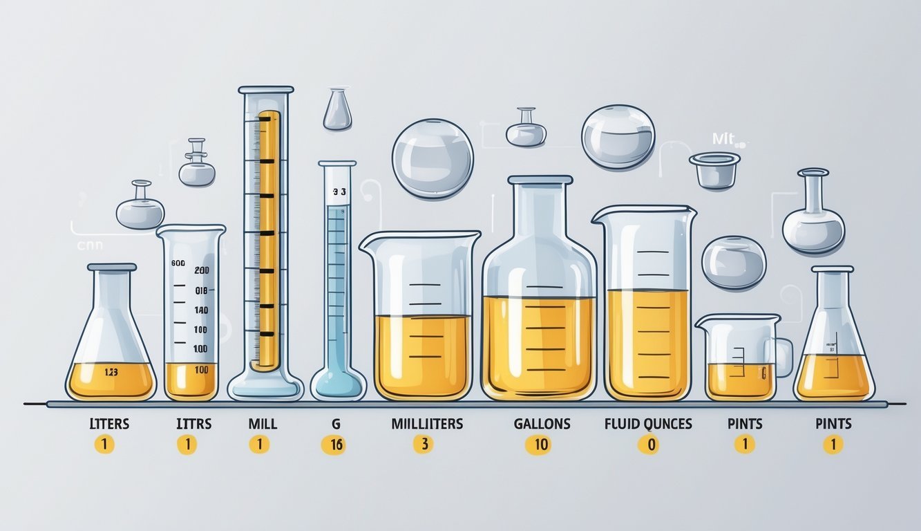 Ilustracija različitih mjernih posuda i simbola koji predstavljaju mjerne jedinice za tekućine.