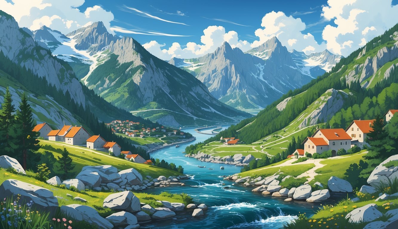 Planinski krajolik Gorske Hrvatske s planinama, šumama, rijekom i tradicionalnim selima.