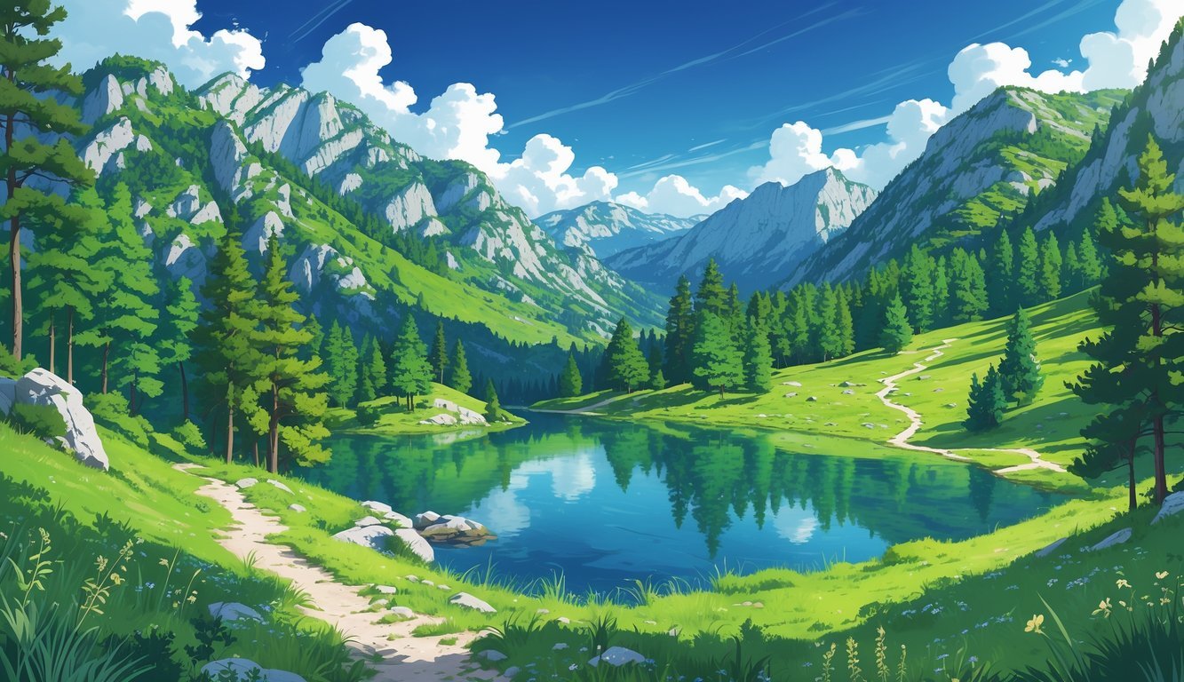 Planinski krajolik Hrvatske s jezerom, šumom i planinskim stazama.