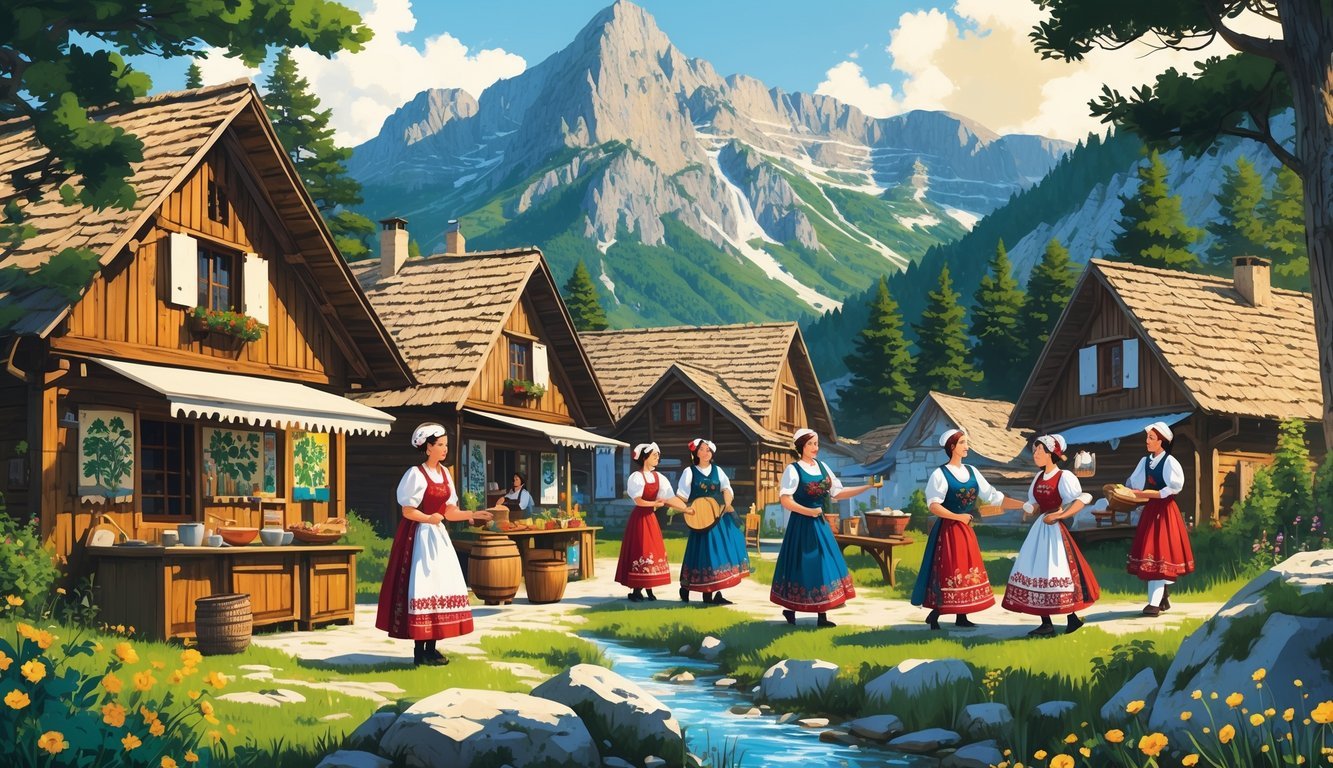 Planinski krajolik s tradicionalnim drvenim kućama i ljudima u narodnim nošnjama koji plešu i sviraju instrumente.