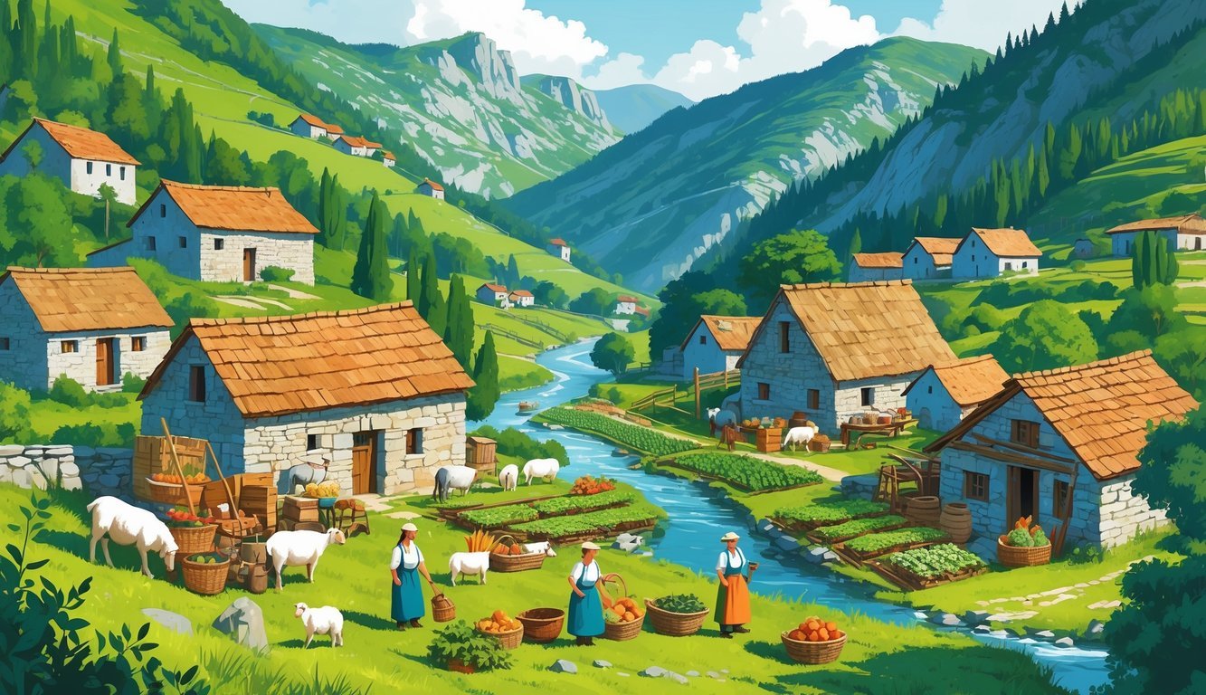 Planinski krajolik s tradicionalnim kamenim kućama, ljudima koji se bave stočarstvom i poljoprivredom, te malom tržnicom u selu.