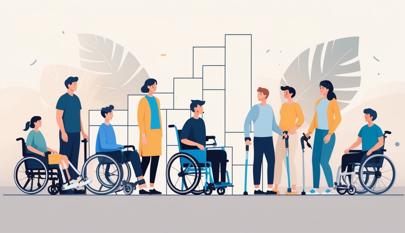 Grupa raznolikih ljudi s različitim tjelesnim sposobnostima, uključujući osobe u kolicima, s štakama i protezama, prikazane uz simbolične elemente koji predstavljaju stupnjeve invaliditeta.