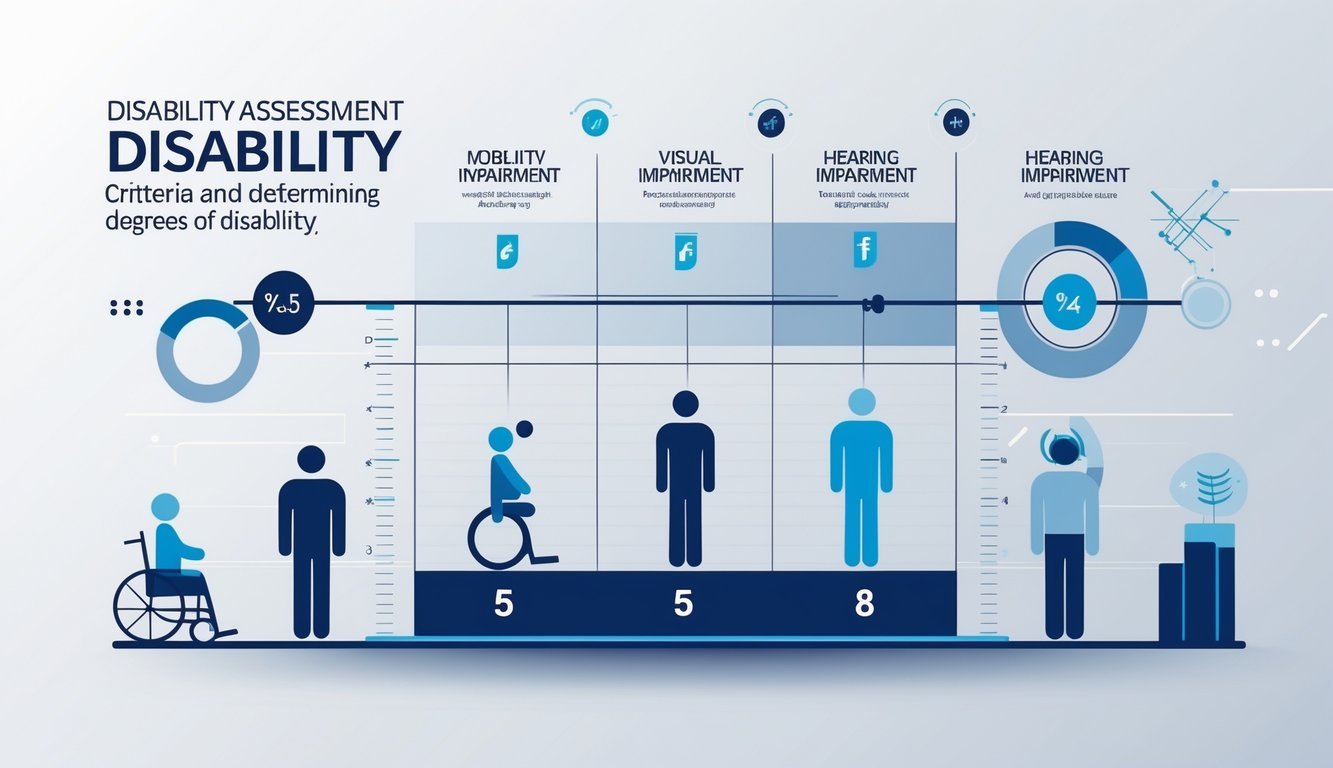 Ilustracija koja prikazuje različite kategorije i kriterije za određivanje stupnja invaliditeta kroz simbole i grafikone.