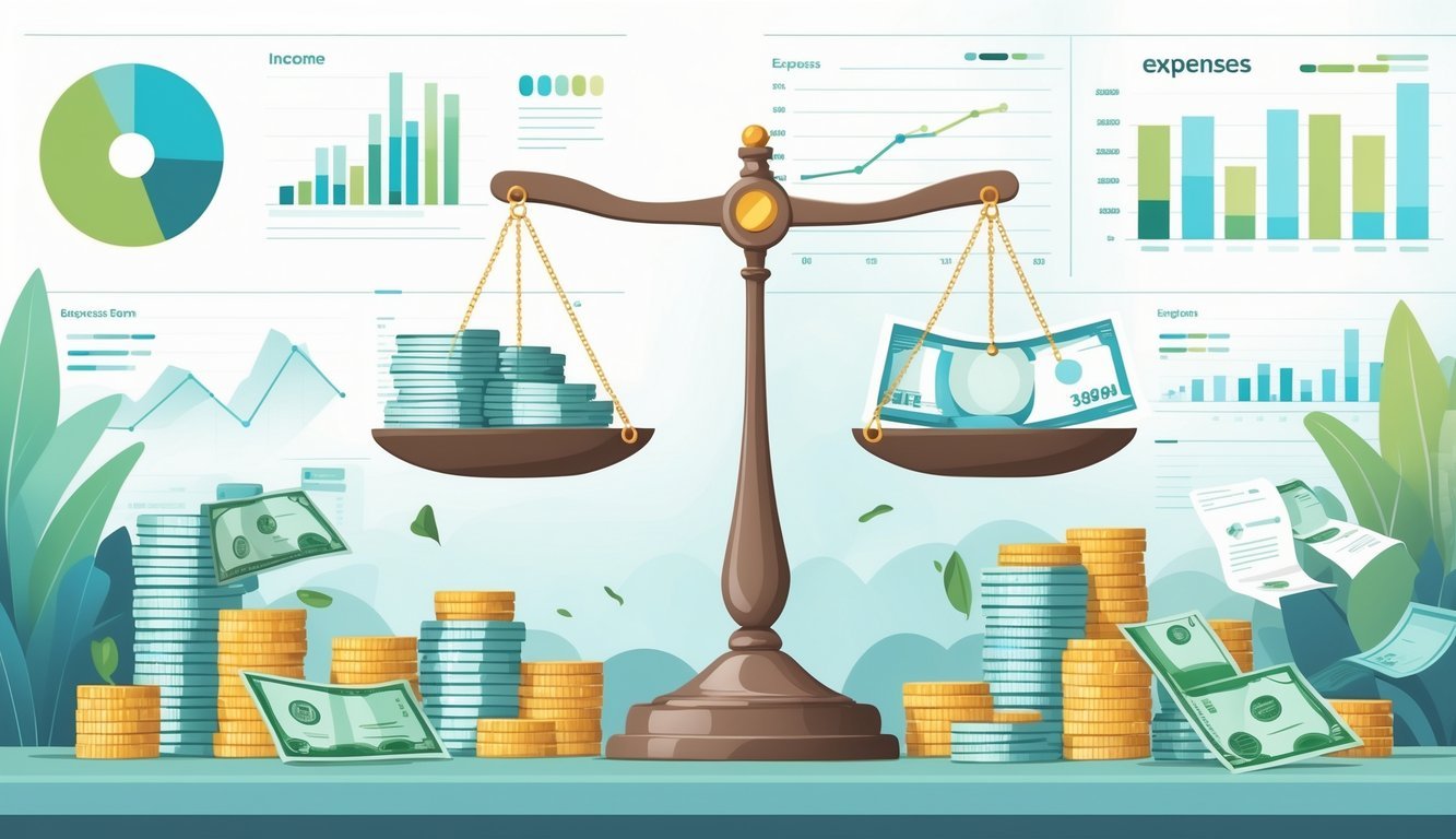 Prikaz vage s novcem s jedne strane i računima s druge, simbolizirajući prihode i rashode.