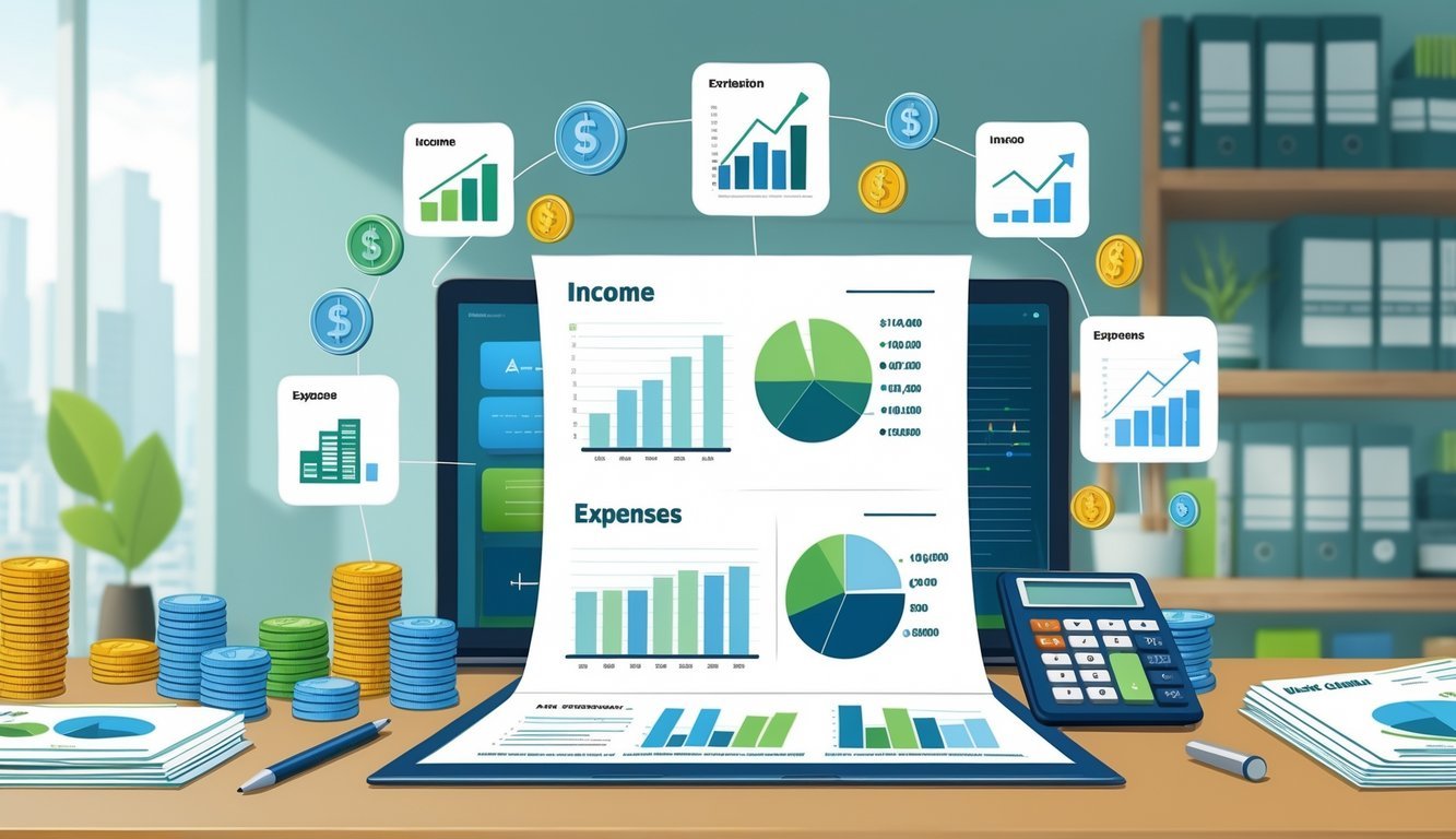 Ilustracija radnog stola s financijskim izvještajem, novcem, kalkulatorom i grafikonima koji prikazuju prihode i rashode.