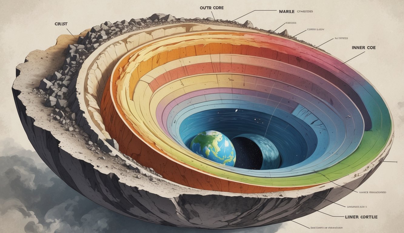 Prikaz unutarnje strukture Zemlje s jasno vidljivim slojevima: korom, plaštem, vanjskim i unutarnjim jezgrom.