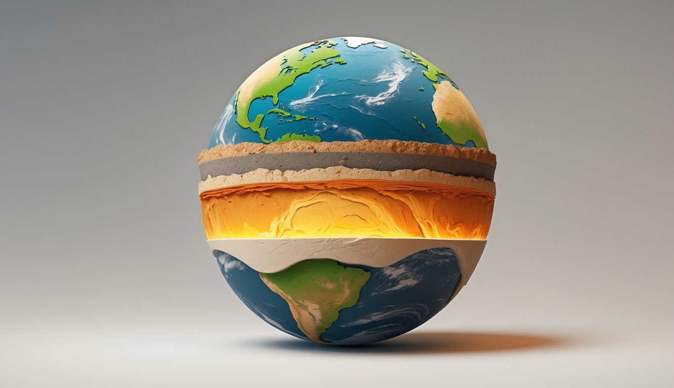 Prikaz presjeka Zemlje koji pokazuje njene glavne slojeve: koru, plašt, vanjsko i unutarnje jezgro.