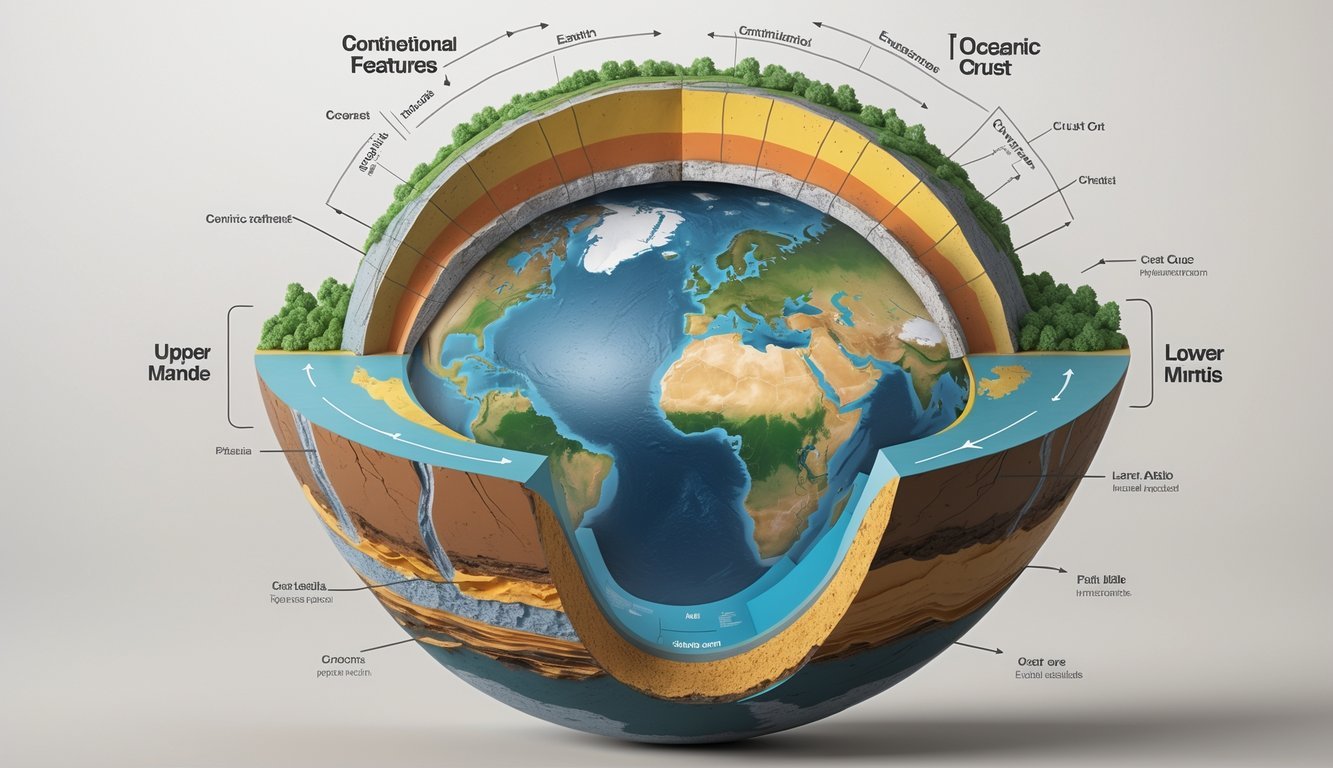 Presjek Zemlje koji prikazuje slojeve zemljine kore i unutarnje strukture poput plašta i jezgre, s prikazom tektonskih ploča i planinskih lanaca na površini.