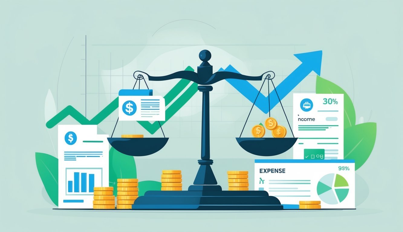 Ilustracija prikazuje vagu s novcem i računima koja simbolizira prihode i rashode u financijskom izvještaju.