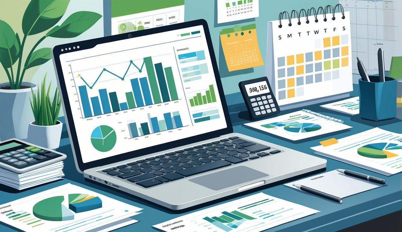 Radni stol s laptopom koji prikazuje grafikone prihoda i rashoda, kalkulator, dokumenti i kalendar u pozadini.