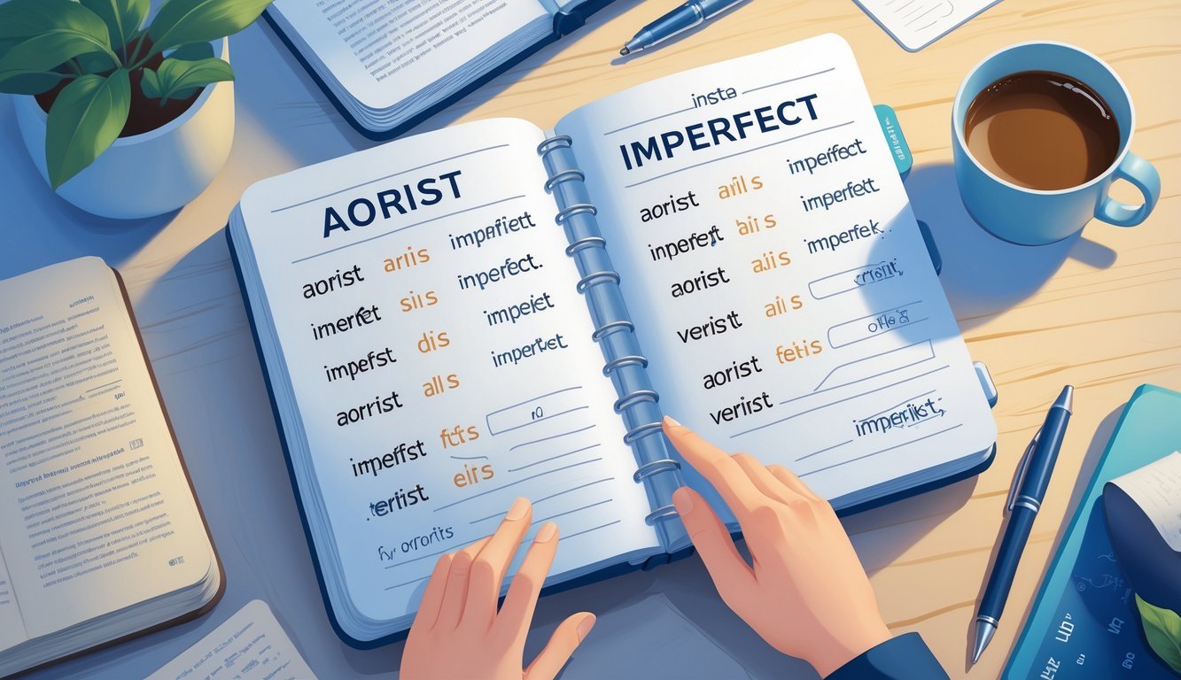 Bilježnica na stolu s rukom pisanom vježbom glagolskih vremena aorist i imperfekt, okružena priborom za pisanje i knjigom.
